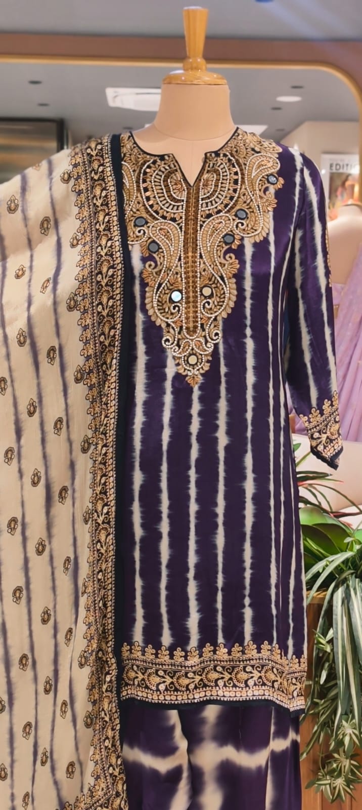 Jaipuri Inspired Pearl Real Mirror Embroidery Tassel Accent Crepe Kurta With Farsi Bottom & Dupatta- 15312