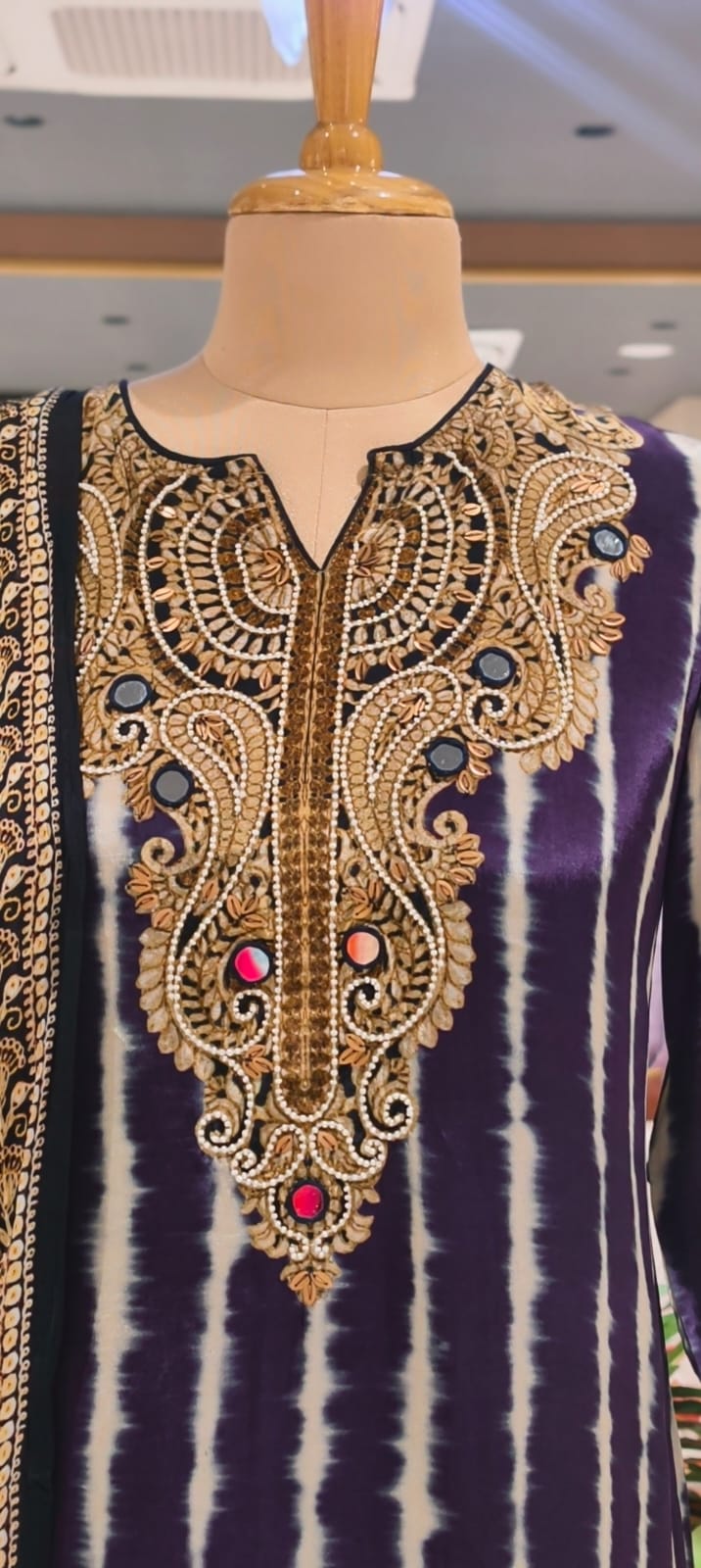 Jaipuri Inspired Pearl Real Mirror Embroidery Tassel Accent Crepe Kurta With Farsi Bottom & Dupatta- 15312