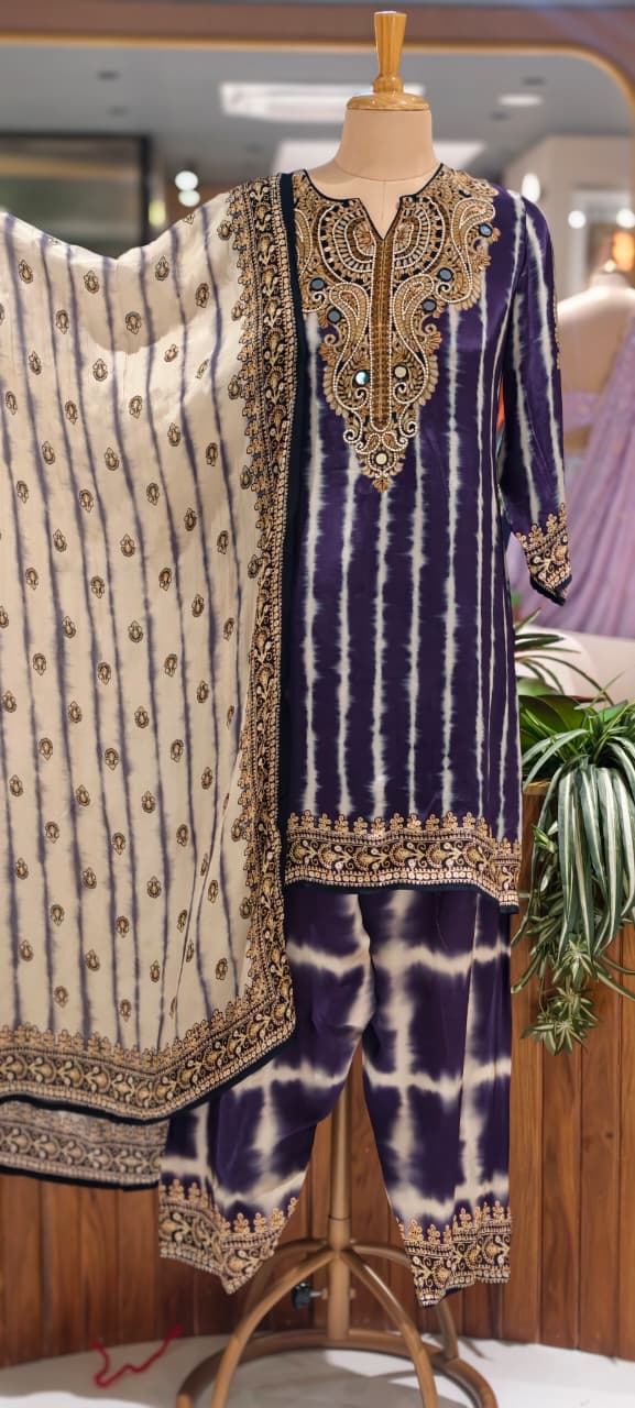Jaipuri Inspired Pearl Real Mirror Embroidery Tassel Accent Crepe Kurta With Farsi Bottom & Dupatta- 15312