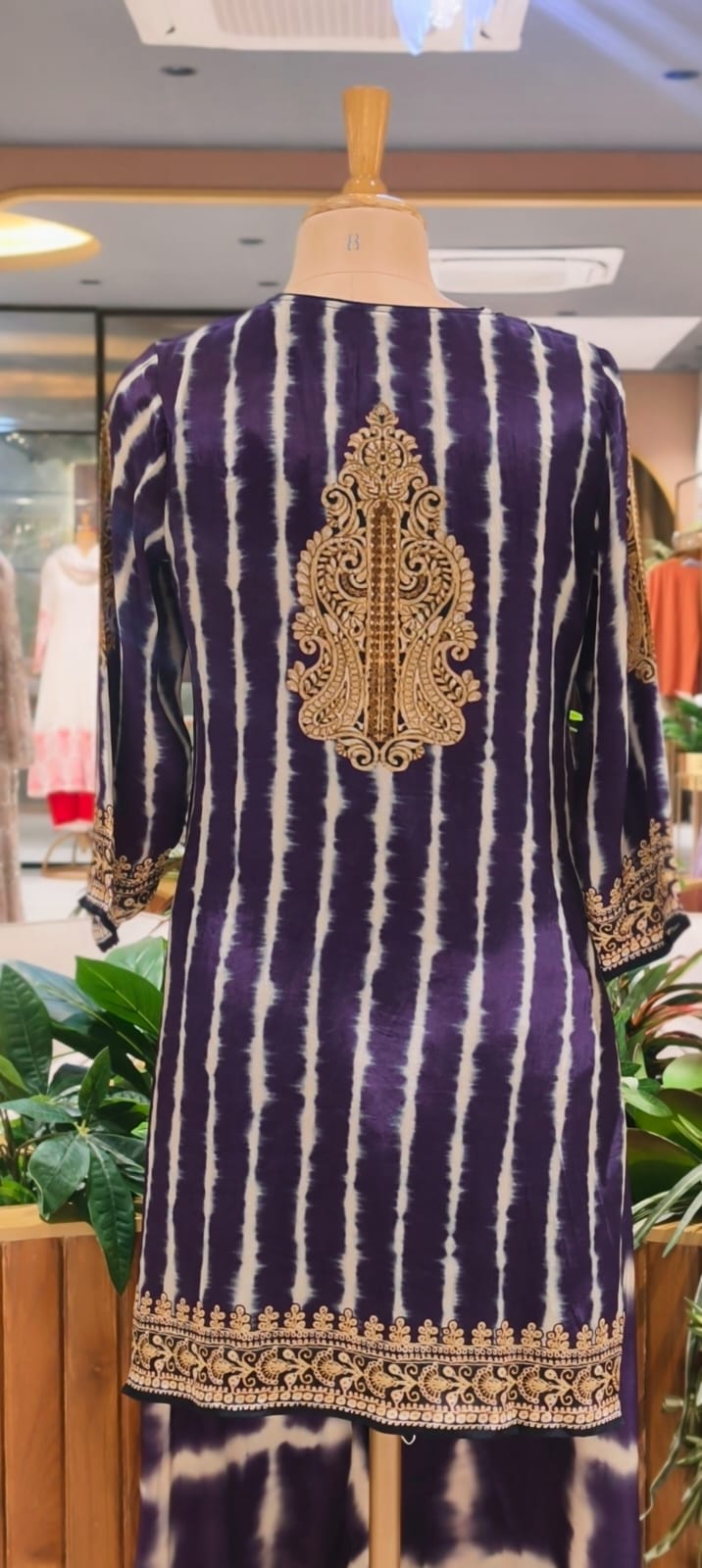 Jaipuri Inspired Pearl Real Mirror Embroidery Tassel Accent Crepe Kurta With Farsi Bottom & Dupatta- 15312