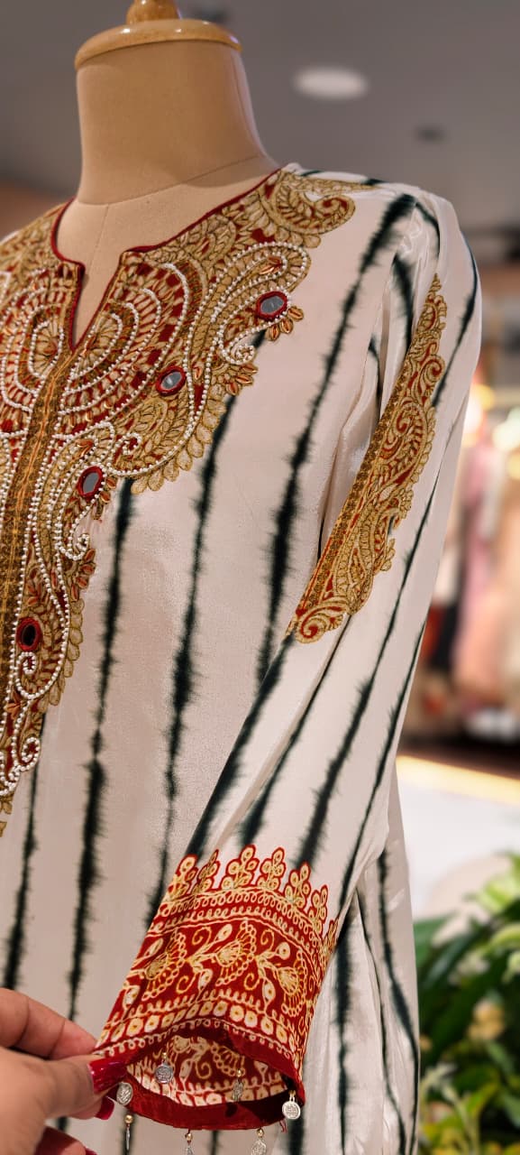 Jaipuri Inspired Pearl Real Mirror Embroidery Tassel Accent Crepe Kurta With Farsi Bottom & Dupatta- 15312