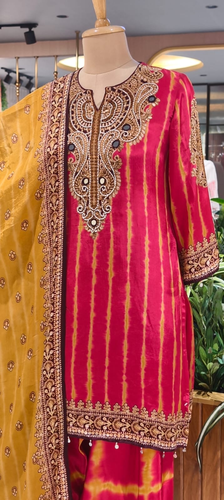 Jaipuri Inspired Pearl Real Mirror Embroidery Tassel Accent Crepe Kurta With Farsi Bottom & Dupatta- 15312