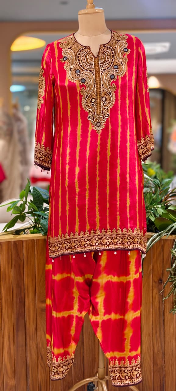 Jaipuri Inspired Pearl Real Mirror Embroidery Tassel Accent Crepe Kurta With Farsi Bottom & Dupatta- 15312