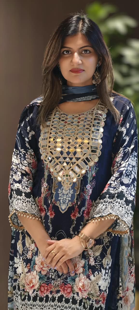 Royal Color Tone Real Mirror Yoke Digital Floral Prints Farshi Salwar Crepe Full Suit Set With Dupatta- 16283