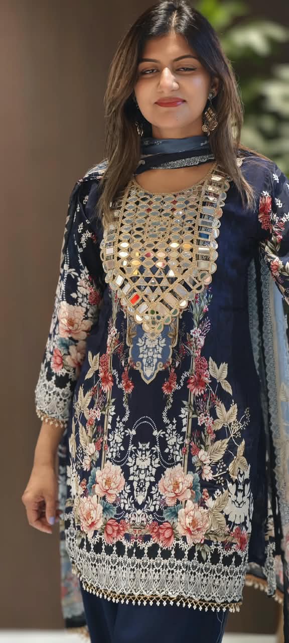 Royal Color Tone Real Mirror Yoke Digital Floral Prints Farshi Salwar Crepe Full Suit Set With Dupatta- 16283