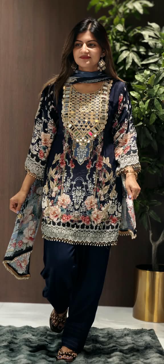 Royal Color Tone Real Mirror Yoke Digital Floral Prints Farshi Salwar Crepe Full Suit Set With Dupatta- 16283