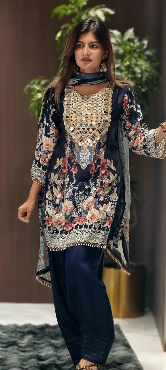 Royal Color Tone Real Mirror Yoke Digital Floral Prints Farshi Salwar Crepe Full Suit Set With Dupatta- 16283