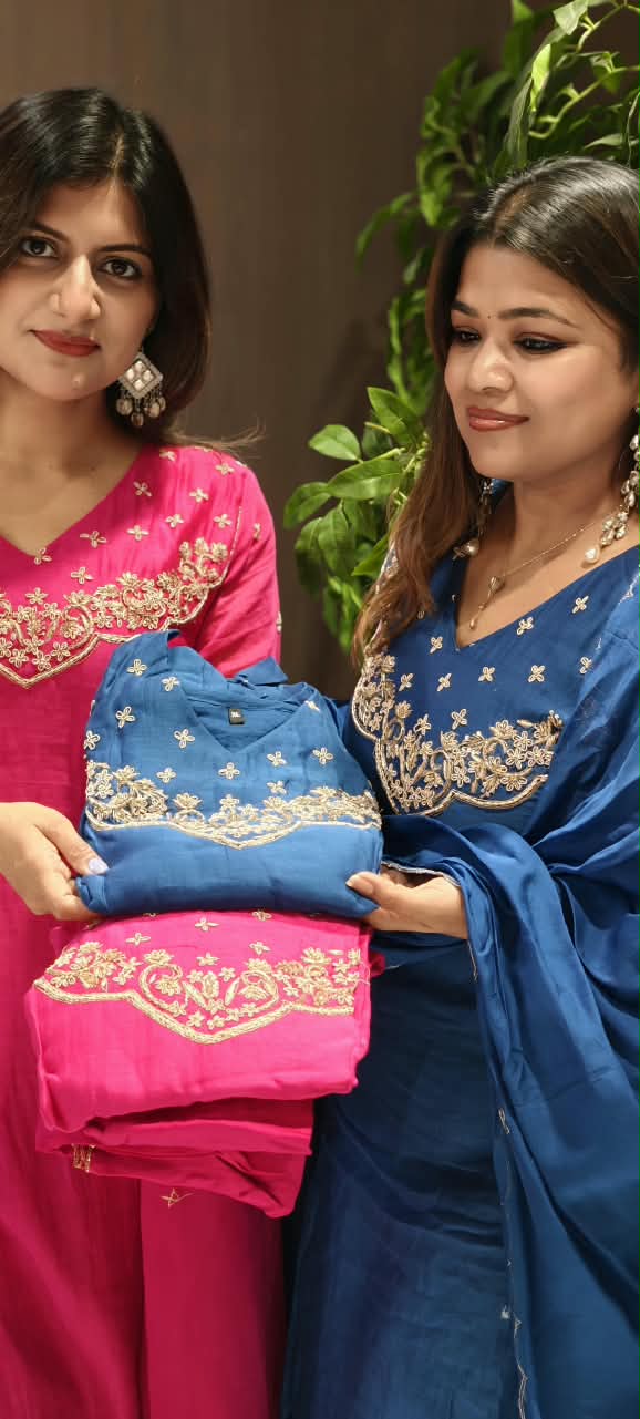 Dabka Golden Zardosi Embroidered Banarasi Mul-Chanderi A-Line Full Suit Set With Dupatta- 16267
