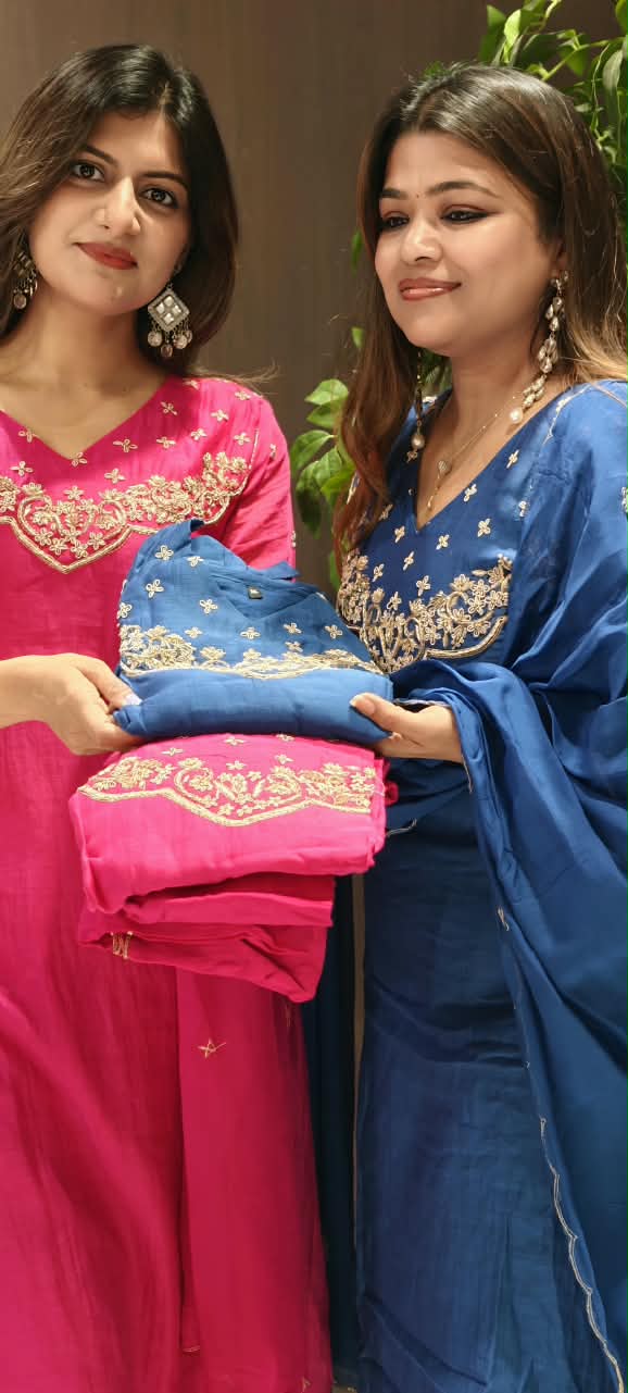 Dabka Golden Zardosi Embroidered Banarasi Mul-Chanderi A-Line Full Suit Set With Dupatta- 16267
