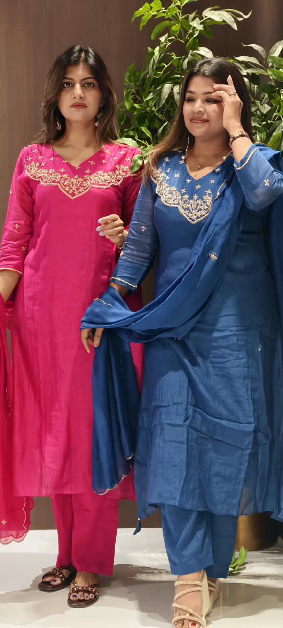 Dabka Golden Zardosi Embroidered Banarasi Mul-Chanderi A-Line Full Suit Set With Dupatta- 16267