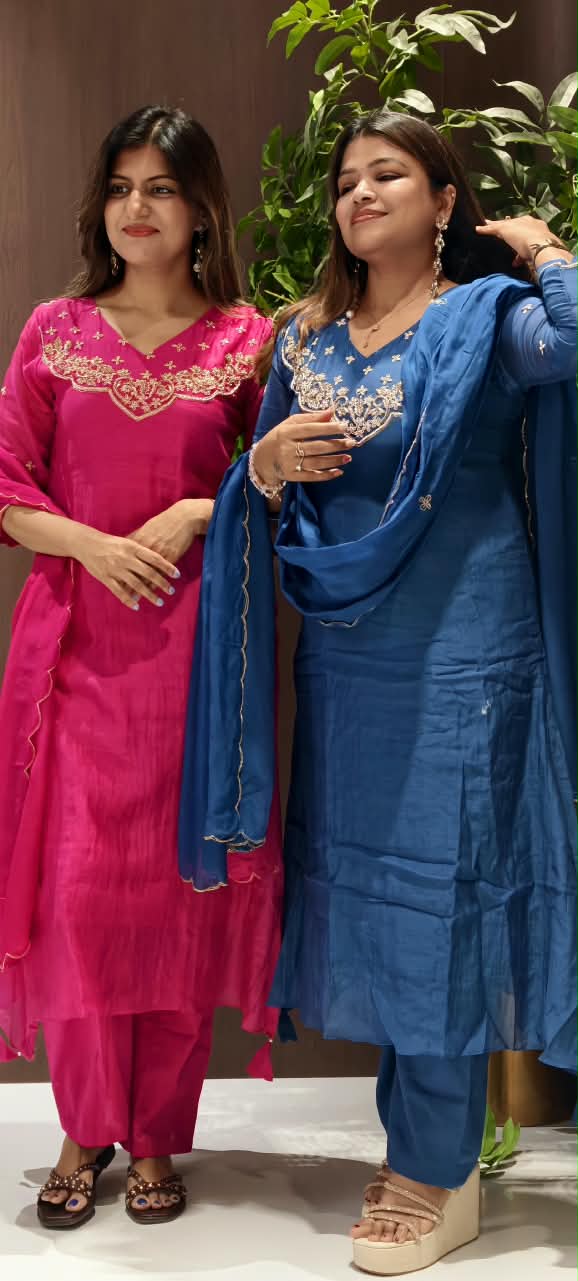 Dabka Golden Zardosi Embroidered Banarasi Mul-Chanderi A-Line Full Suit Set With Dupatta- 16267
