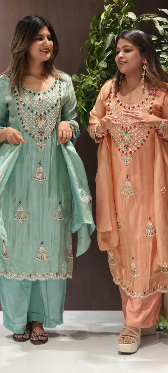 Red Gym Stone Jewel Elegance Elegant Handwork Tissue Full Suit Set With Loose Bottom & Dupatta- 16269