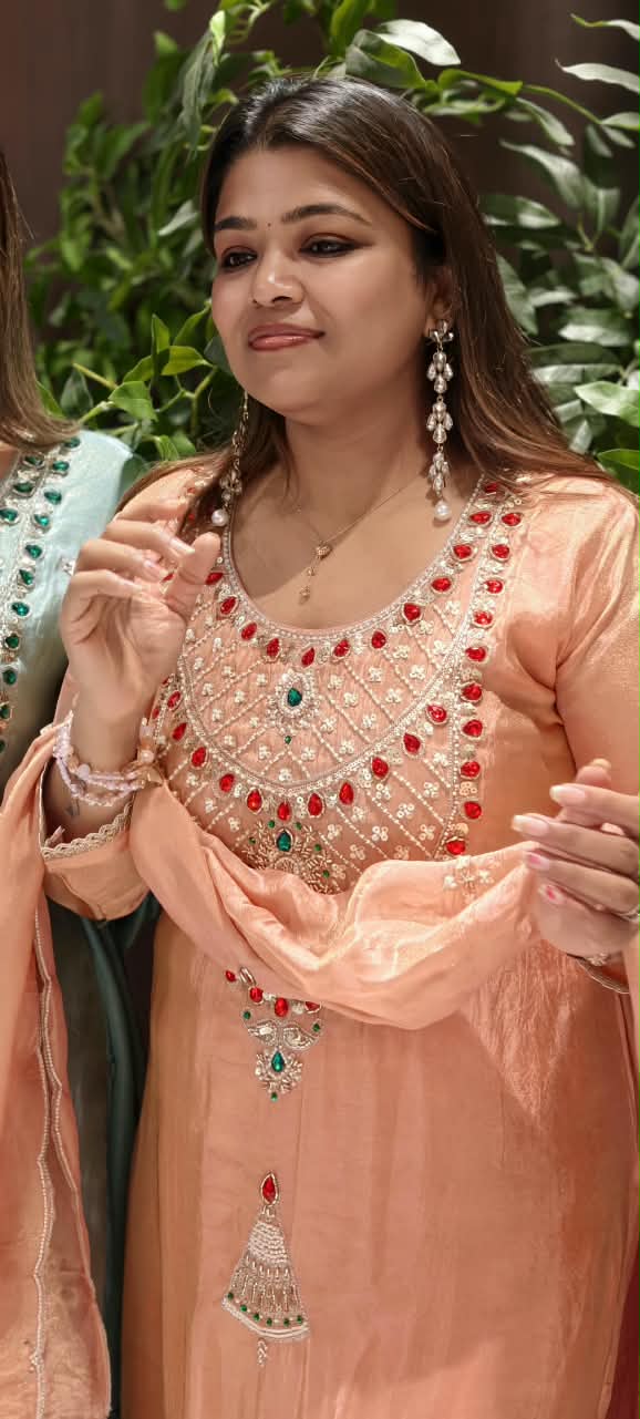 Red Gym Stone Jewel Elegance Elegant Handwork Tissue Full Suit Set With Loose Bottom & Dupatta- 16269