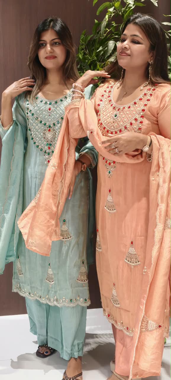 Red Gym Stone Jewel Elegance Elegant Handwork Tissue Full Suit Set With Loose Bottom & Dupatta- 16269