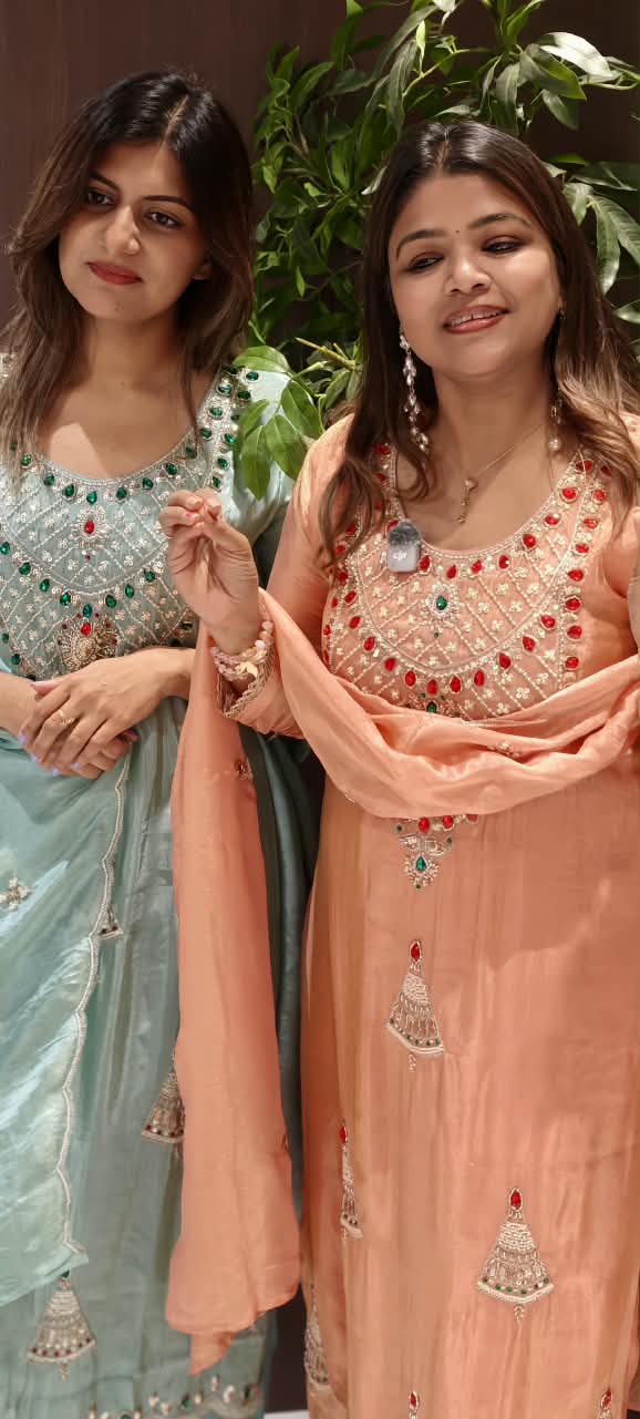 Red Gym Stone Jewel Elegance Elegant Handwork Tissue Full Suit Set With Loose Bottom & Dupatta- 16269