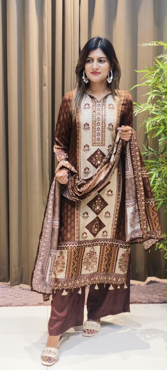 Bold Color Palette Pakistani Look Full Length Russian Silk Tassel Accent Full Suit Set With Dupatta- 16251