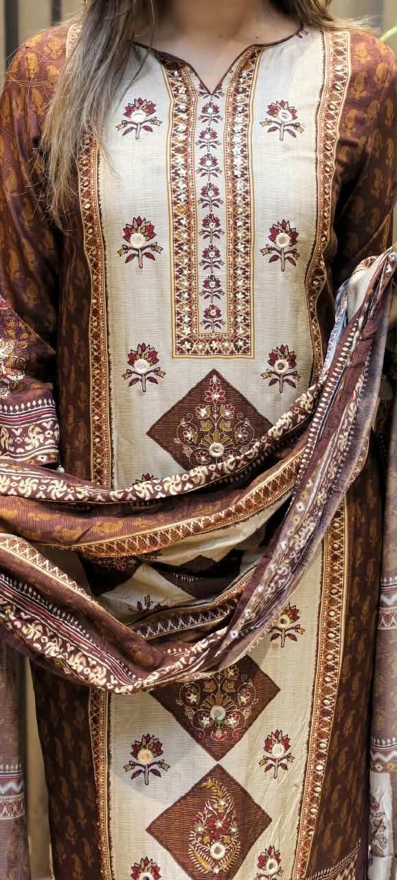 Bold Color Palette Pakistani Look Full Length Russian Silk Tassel Accent Full Suit Set With Dupatta- 16251