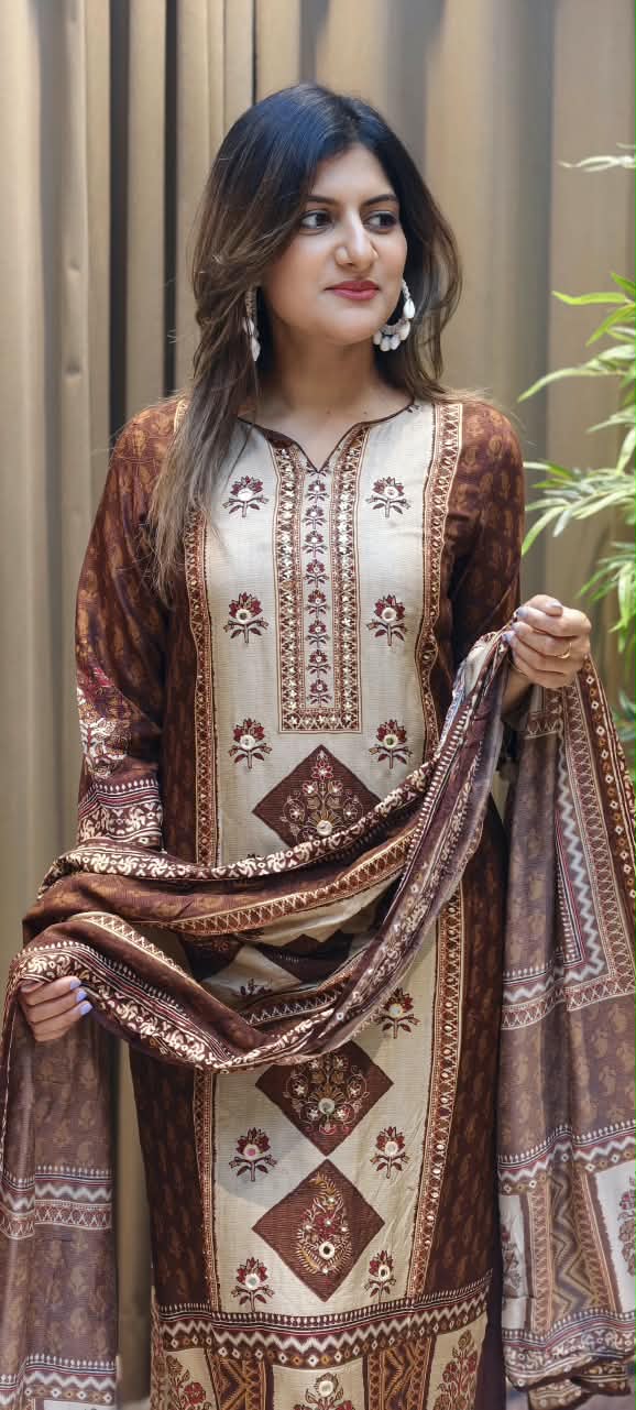 Bold Color Palette Pakistani Look Full Length Russian Silk Tassel Accent Full Suit Set With Dupatta- 16251