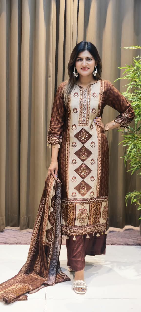 Bold Color Palette Pakistani Look Full Length Russian Silk Tassel Accent Full Suit Set With Dupatta- 16251