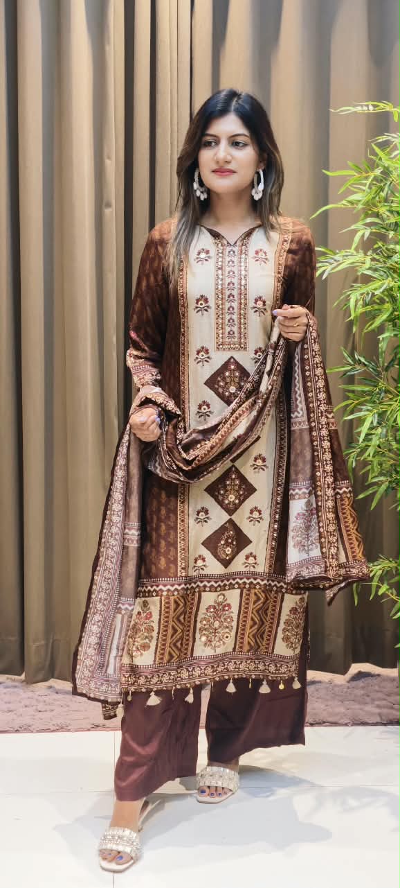 Bold Color Palette Pakistani Look Full Length Russian Silk Tassel Accent Full Suit Set With Dupatta- 16251