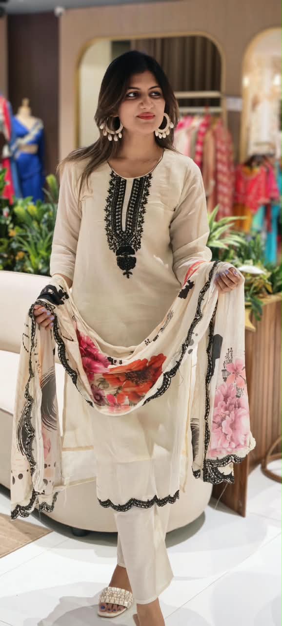 Fine Cut-Dana Embroidered Solid Full Suit Set With Digital Floral Prints Dupatta In Muslin Fabric- 16221
