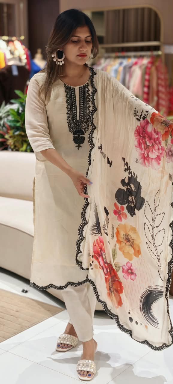 Fine Cut-Dana Embroidered Solid Full Suit Set With Digital Floral Prints Dupatta In Muslin Fabric- 16221