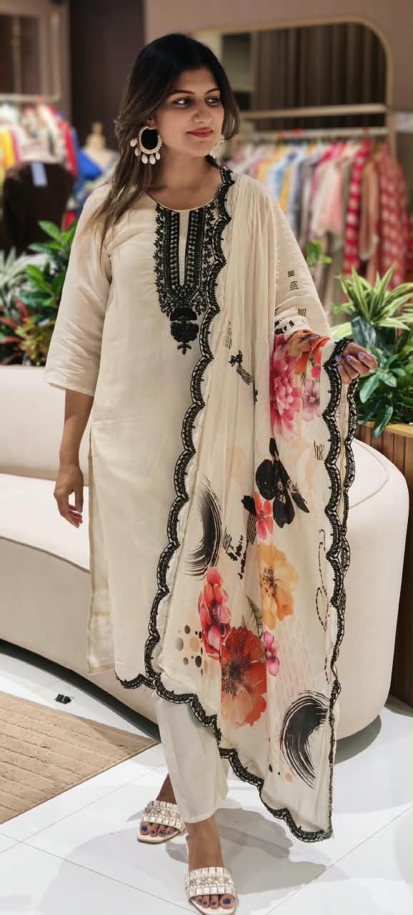 Fine Cut-Dana Embroidered Solid Full Suit Set With Digital Floral Prints Dupatta In Muslin Fabric- 16221
