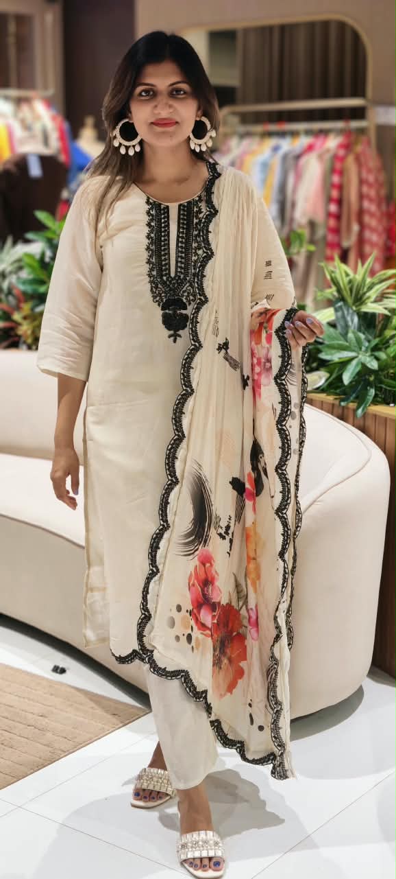 Fine Cut-Dana Embroidered Solid Full Suit Set With Digital Floral Prints Dupatta In Muslin Fabric- 16221