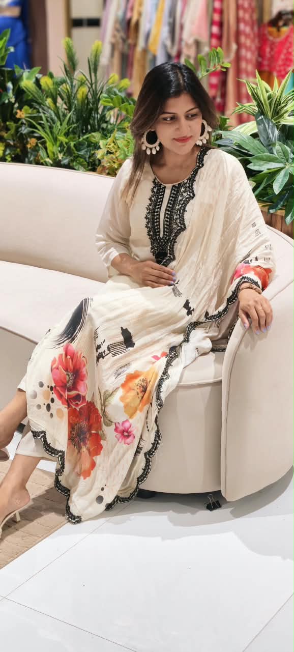 Fine Cut-Dana Embroidered Solid Full Suit Set With Digital Floral Prints Dupatta In Muslin Fabric- 16221