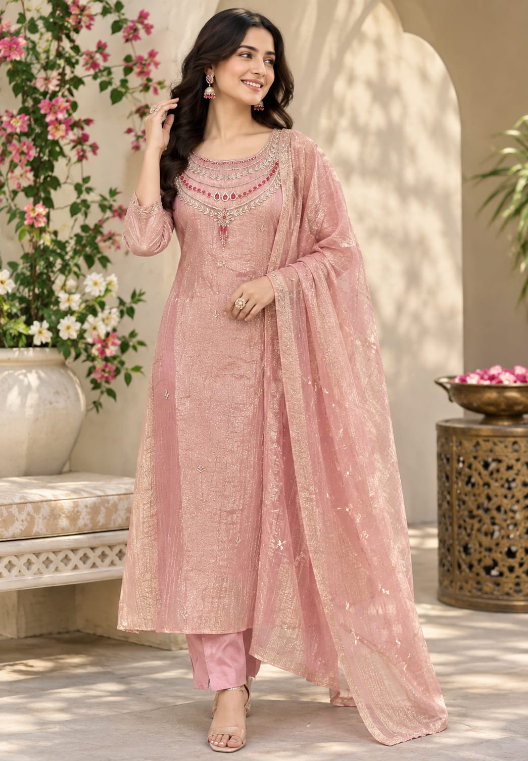 Elegant Jewel Rhinestone Heavily Beaded Embroidery Yoke Crush Tissue A-Line Full Suit Set With Dupatta- 16313