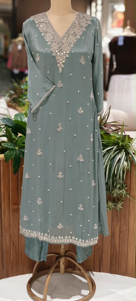 Elegant Real Mirror Zardosi Scattered Embroidery Chinon A-Line Full Suit Set With Dupatta- 16330