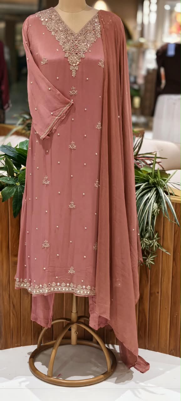 Elegant Real Mirror Zardosi Scattered Embroidery Chinon A-Line Full Suit Set With Dupatta- 16330