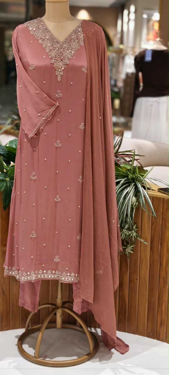 Elegant Real Mirror Zardosi Scattered Embroidery Chinon A-Line Full Suit Set With Dupatta- 16330