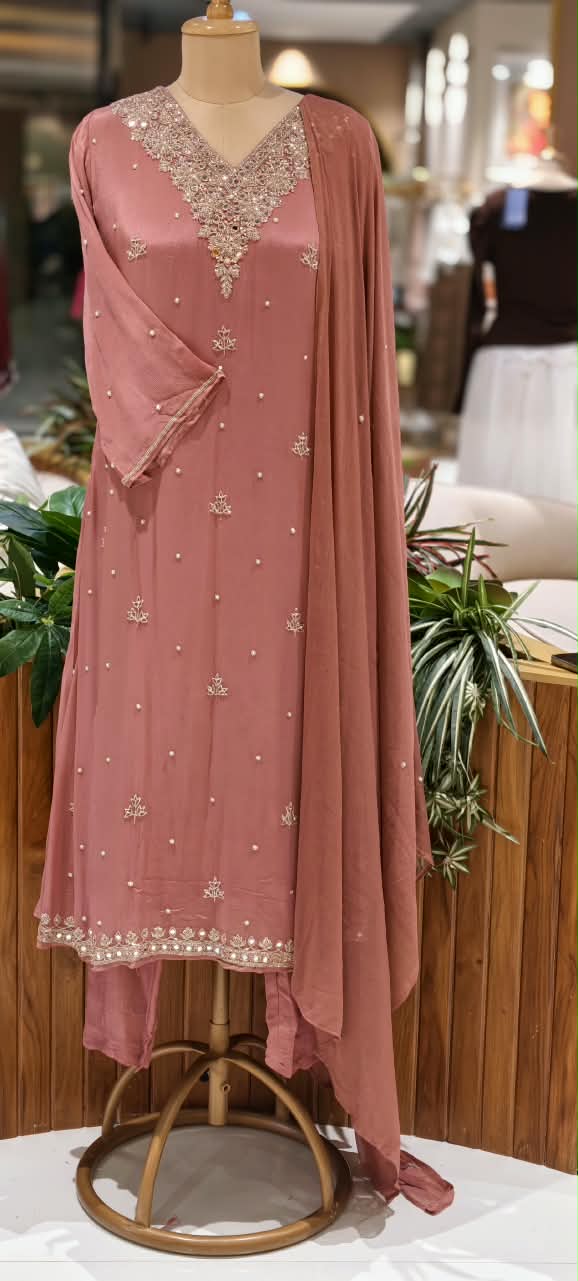 Elegant Real Mirror Zardosi Scattered Embroidery Chinon A-Line Full Suit Set With Dupatta- 16330