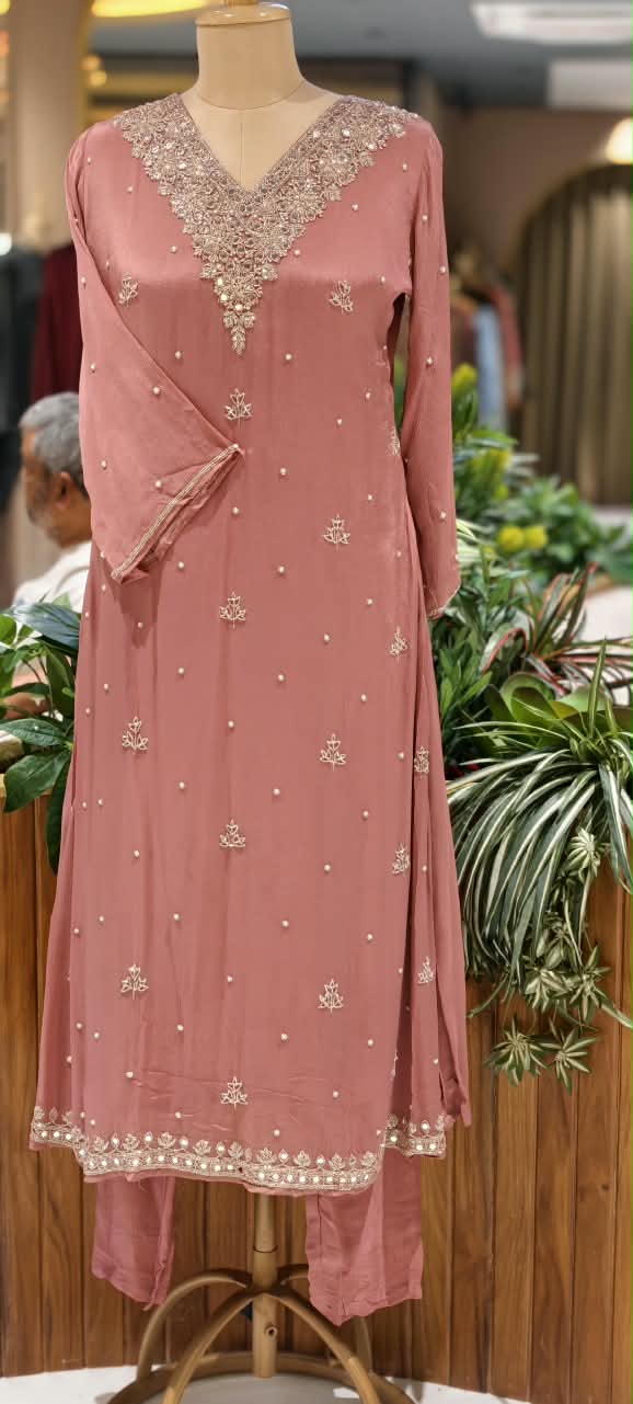 Elegant Real Mirror Zardosi Scattered Embroidery Chinon A-Line Full Suit Set With Dupatta- 16330