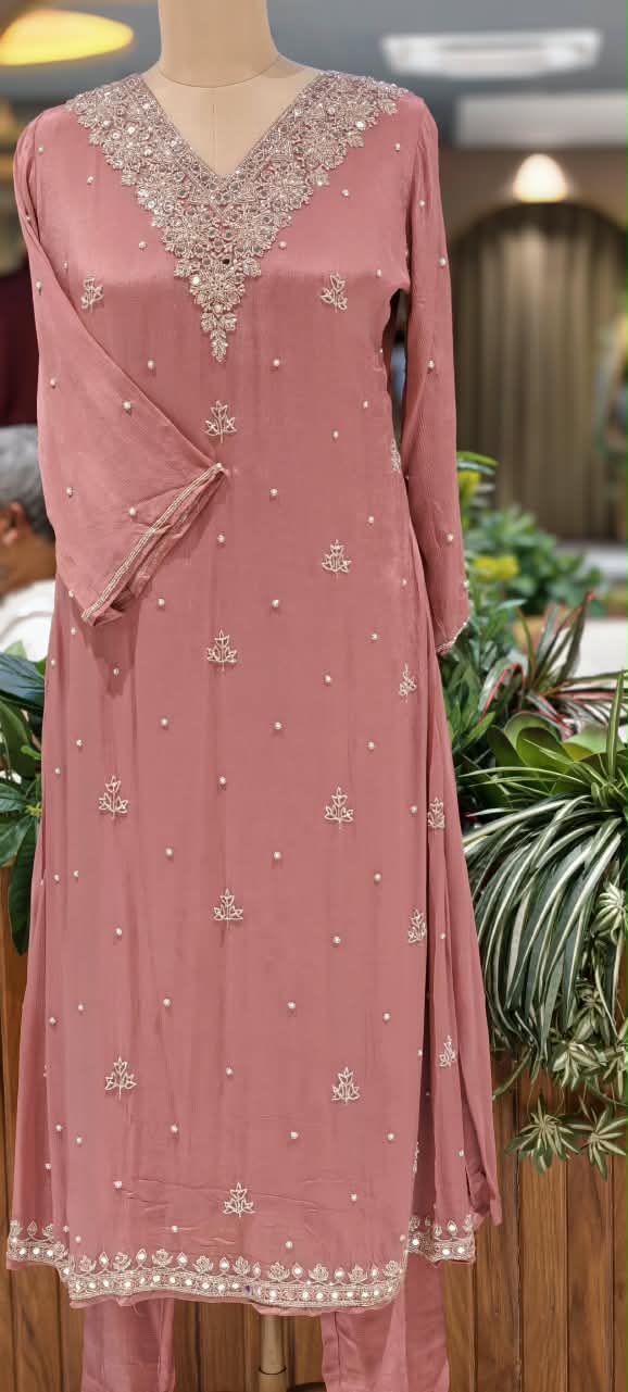 Elegant Real Mirror Zardosi Scattered Embroidery Chinon A-Line Full Suit Set With Dupatta- 16330