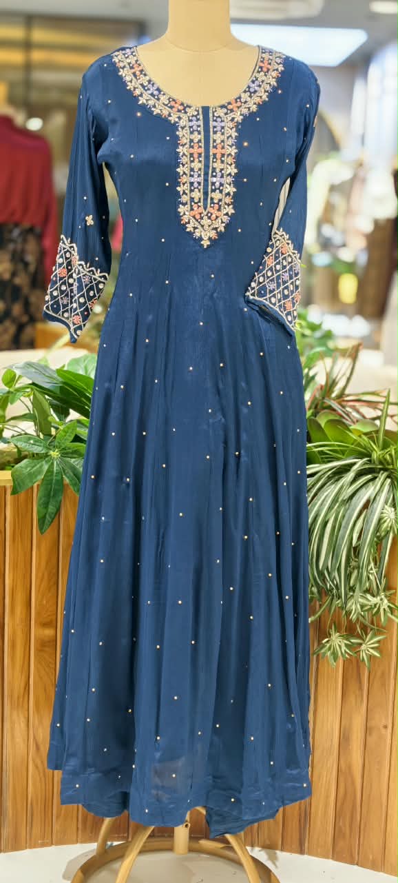 Royal Vibrant Shade Intricate Embroidered Neckline Scattered Stone Chinon Panel Anarkali Full Suit Set With Dupatta- 16328