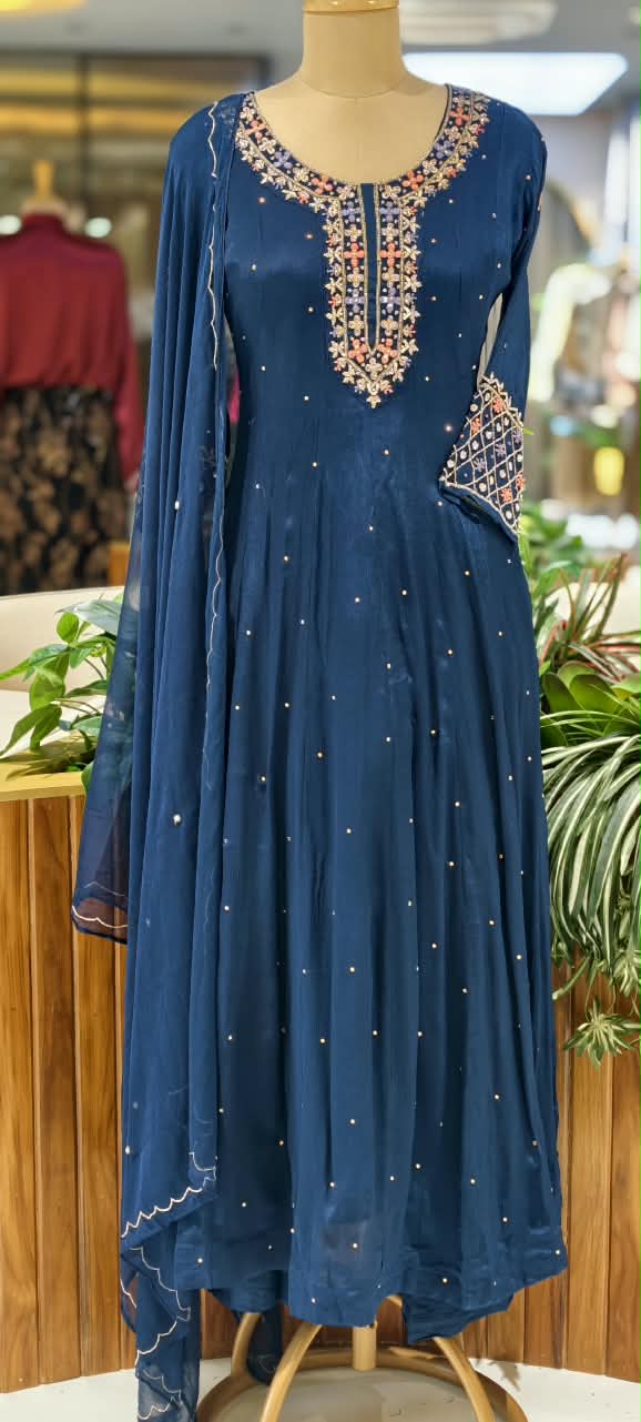 Royal Vibrant Shade Intricate Embroidered Neckline Scattered Stone Chinon Panel Anarkali Full Suit Set With Dupatta- 16328
