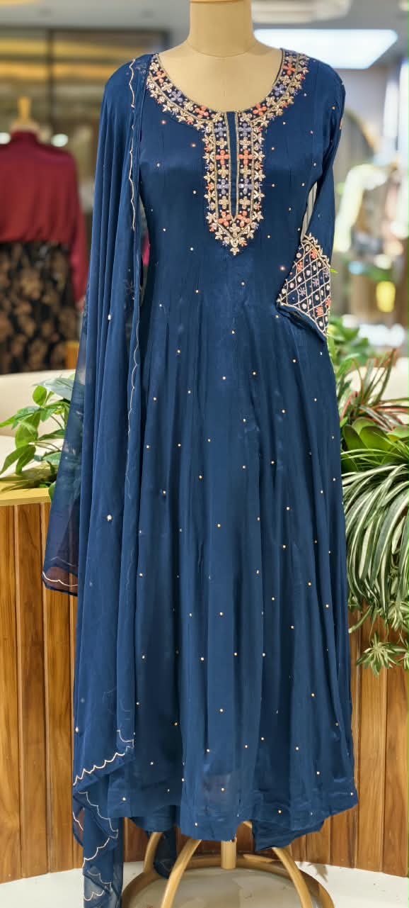 Royal Vibrant Shade Intricate Embroidered Neckline Scattered Stone Chinon Panel Anarkali Full Suit Set With Dupatta- 16328