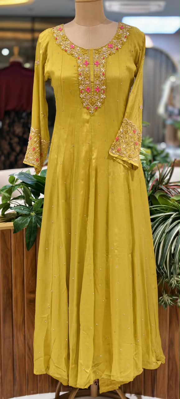 Mustard Elegance Pink Hightlights Floral Embroidered Front Work Panel Chinon Anarkali Full Suit Set With Dupatta- 16328