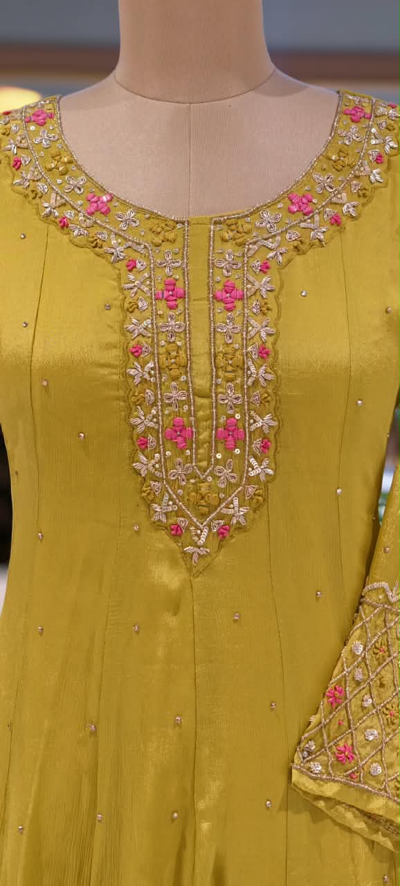 Mustard Elegance Pink Hightlights Floral Embroidered Front Work Panel Chinon Anarkali Full Suit Set With Dupatta- 16328