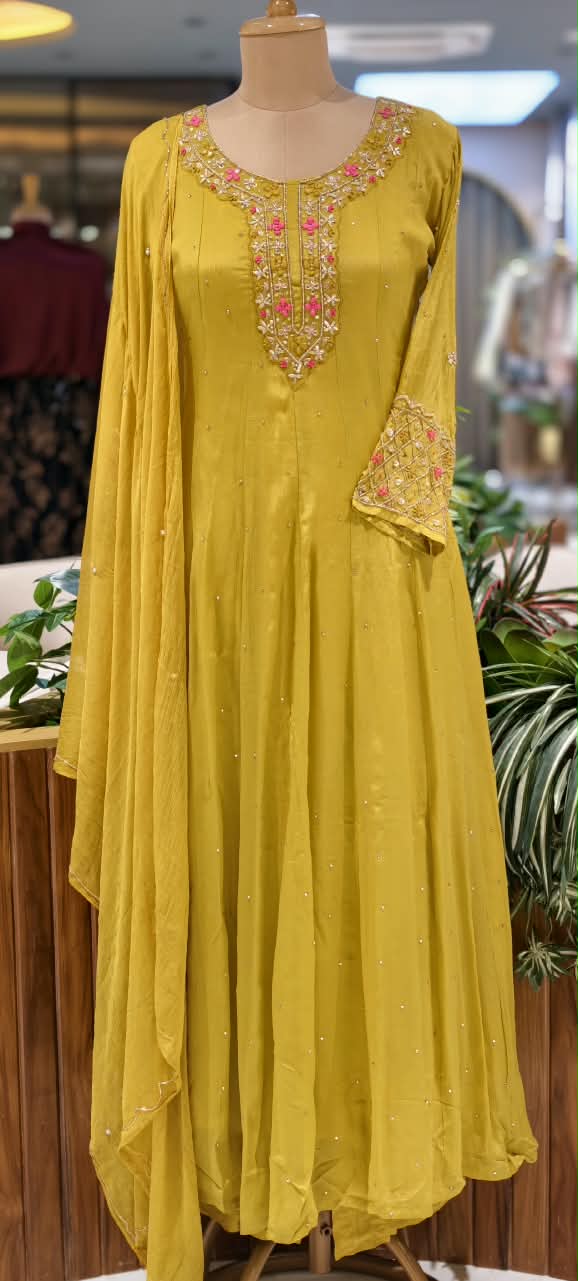 Mustard Elegance Pink Hightlights Floral Embroidered Front Work Panel Chinon Anarkali Full Suit Set With Dupatta- 16328