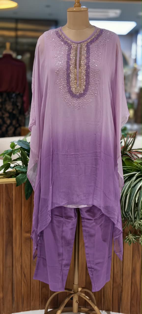 Elegant Cut-Dana Sequin Celestial Embroidery Yoke Soft Chiffon Kaftan With Inner & Bottom In Ombre Shade- 16334