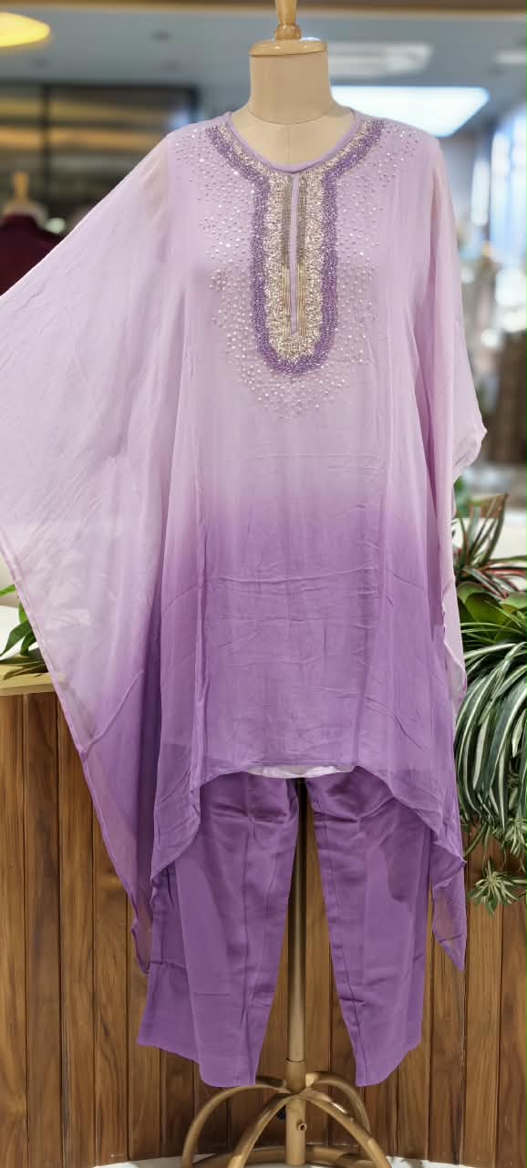 Elegant Cut-Dana Sequin Celestial Embroidery Yoke Soft Chiffon Kaftan With Inner & Bottom In Ombre Shade- 16334