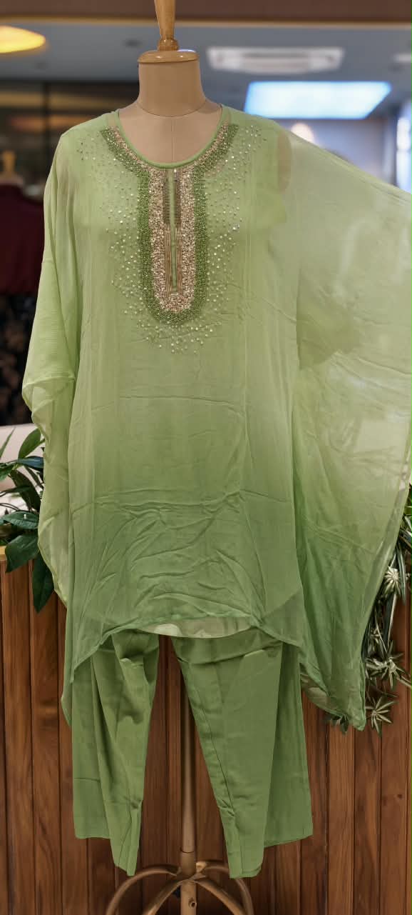 Elegant Cut-Dana Sequin Celestial Embroidery Yoke Soft Chiffon Kaftan With Inner & Bottom In Ombre Shade- 16334