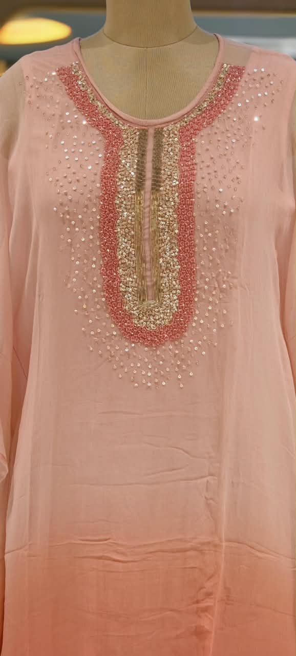 Elegant Cut-Dana Sequin Celestial Embroidery Yoke Soft Chiffon Kaftan With Inner & Bottom In Ombre Shade- 16334