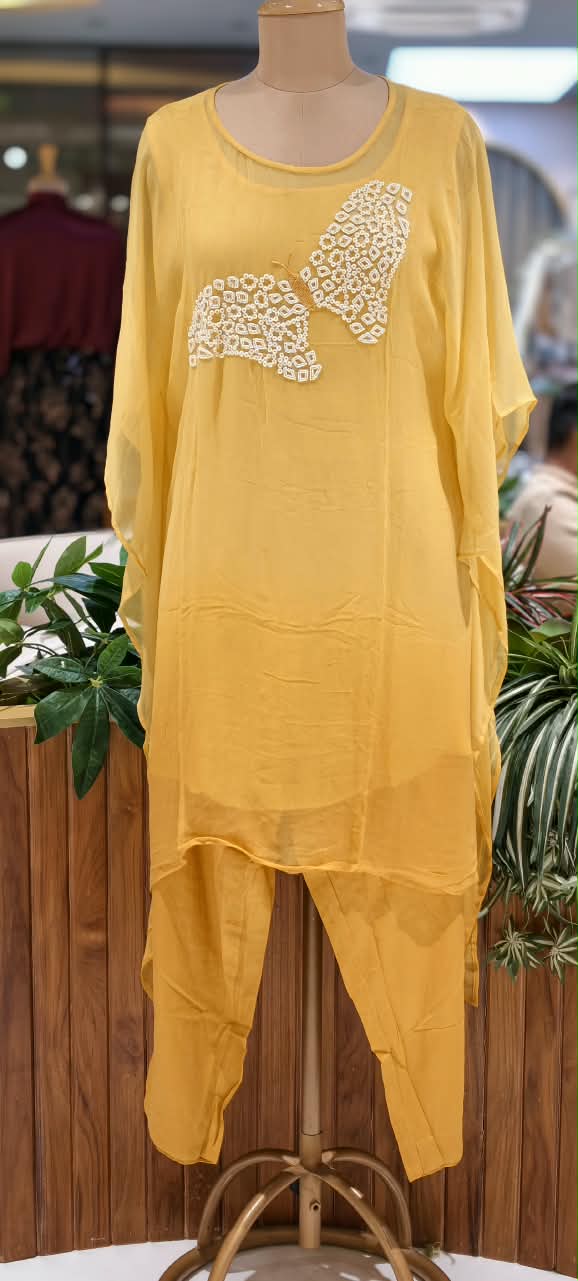 Cut-Dana Butterfly Elegant Embroidery Front Work Beautiful Shades Chinon Kaftan With Matching Inner & Bottom- 16333