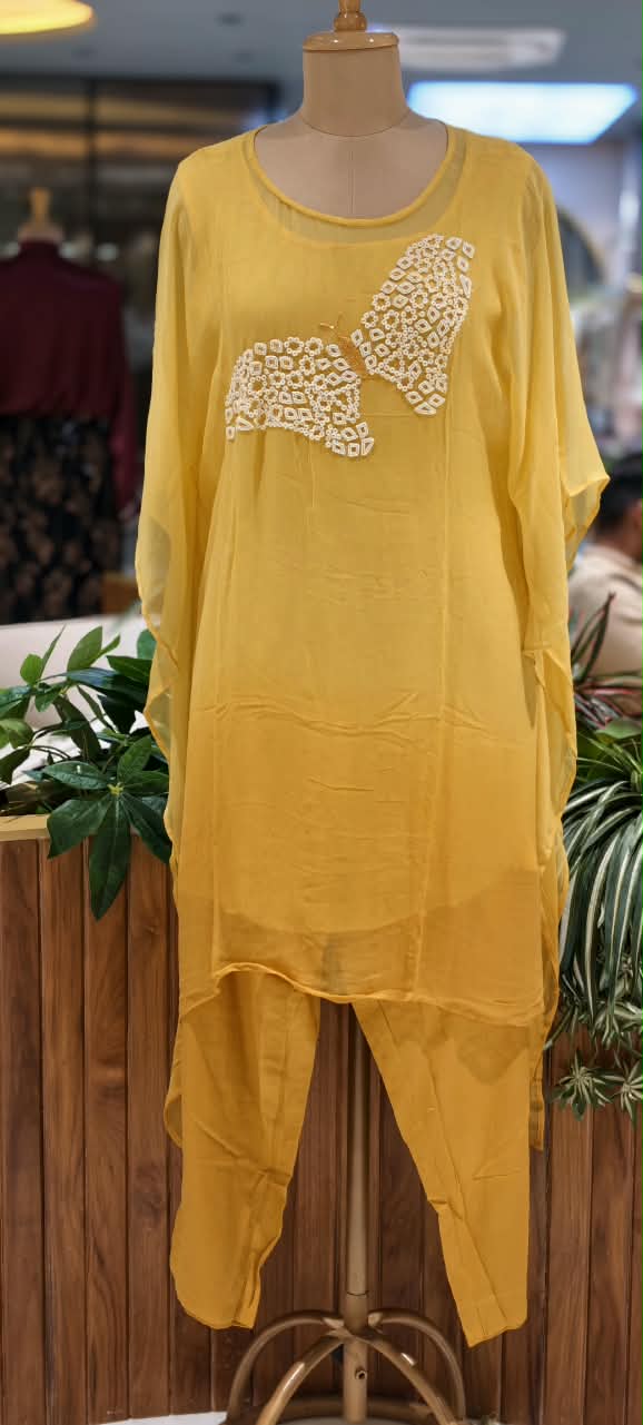 Cut-Dana Butterfly Elegant Embroidery Front Work Beautiful Shades Chinon Kaftan With Matching Inner & Bottom- 16333