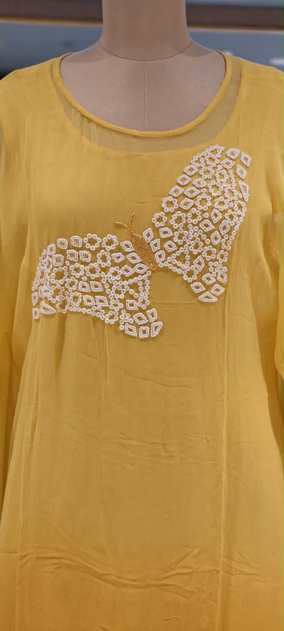 Cut-Dana Butterfly Elegant Embroidery Front Work Beautiful Shades Chinon Kaftan With Matching Inner & Bottom- 16333