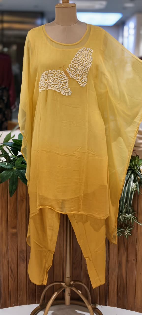 Cut-Dana Butterfly Elegant Embroidery Front Work Beautiful Shades Chinon Kaftan With Matching Inner & Bottom- 16333